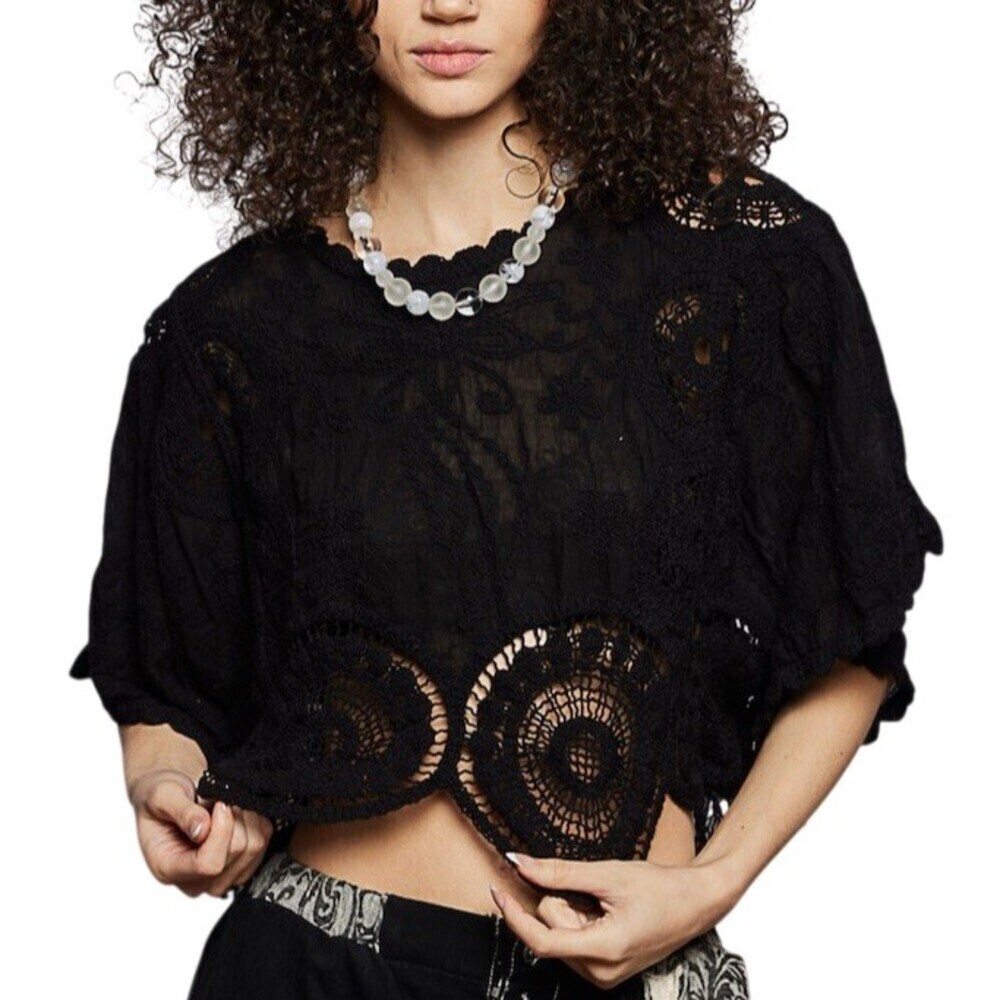 POL Boho Crochet Embroidered Cropped Top OS BlacK Festive Hippie Gypsy Gothic